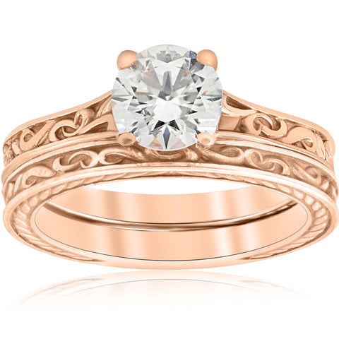 1ct Diamond Solitaire Rose Gold Vintage Engagement Ring Wedding Band Enhanced
