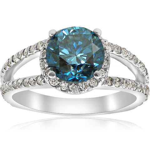 3 1/2ct Large Blue Diamond Halo Engagement Ring Split Shank White Gold Treated