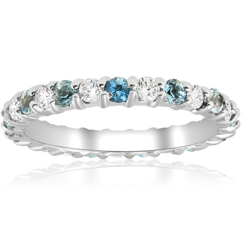 1ct Diamond & Aquamarine Eternity Ring Common Prong 14k White Gold Stackable
