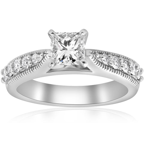 1 3/8ct Princess Cut Diamond Engagement Ring Antique Deco Enhanced White Gold
