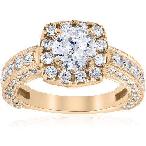 2 1/2ct Round Cut Diamond Engagement Ring Cushion Halo Yellow Gold Enhanced
