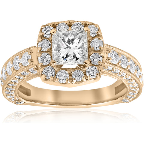 2 1/2ct Princess Cut Diamond Engagement Ring Cushion Halo Yellow Gold Enhanced