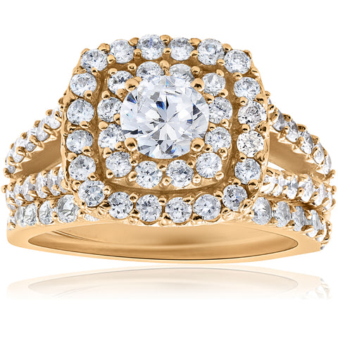 2Ct Diamond Engagement Double Cushion Halo Matching Wedding Ring Set Yellow Gold