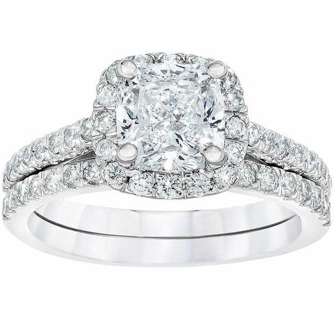 G/SI 2.25cttw Cushion Halo Diamond Engagement Wedding Ring Set 14k White Gold