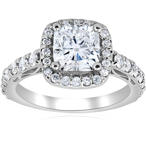 F SI 2 1/5ct Cushion Diamond Vintage Halo Engagement Ring White Gold Enhanced