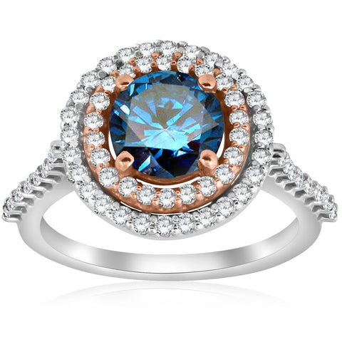 G/SI 2.10ct Double Halo Blue Diamond 14k Rose & White Gold Halo Engagement Ring