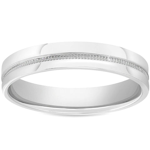 Mens 10k White Gold 4mm Flat Band High Polished Milgrain Accent Wedding Ring