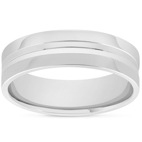 Mens 10k White Gold 6mm Band High Polished Concave Groove Accent Wedding Ring