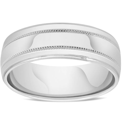 Mens 10k White Gold 7mm Band High Polished Double Milgrain Accent Wedding Ring