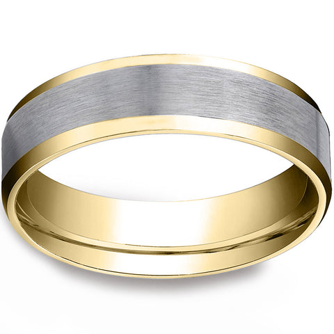 Mens 10k Gold 6MM Satin Wedding Band Flat Beveled Edge Two Tone Ring