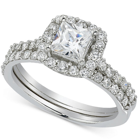 G/SI 2ct Princess Cut Halo Diamond Engagement Ring Wedding Set 14k Gold Enhanced