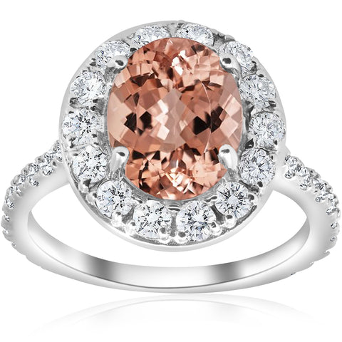 G/SI 3 ct Oval Halo Morganite Diamond Vintage Engagement Ring 14k White Gold