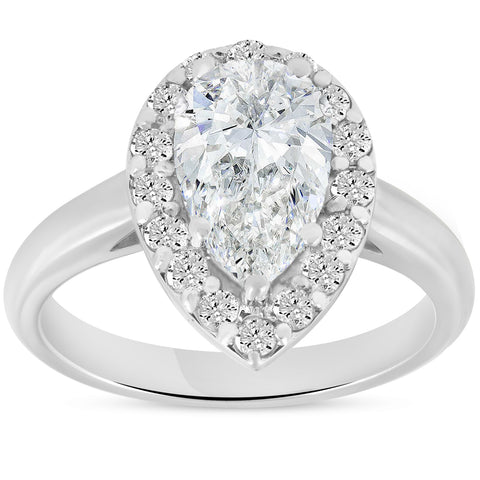 G/SI 1.85 ct Pear Shape Diamond Halo Engagement Ring 14k White Gold Enhanced