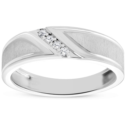 Mens 1/10ct White Gold Diamond Ring Flat Classic Bushed Wedding Anniversary Band