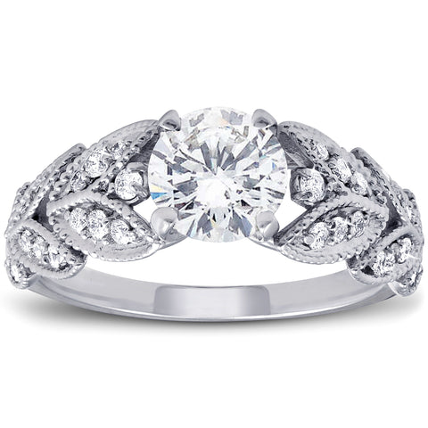 G/SI 1ct Diamond Engagement Ring Vintage Petal Vine Leaf 14k White Gold Enhanced