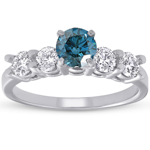 1 1/2ct Blue & White Diamond Engagement Ring 14k White Gold