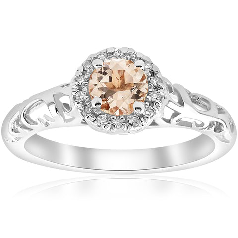 5/8cttw Morganite & Diamond Vintage Halo Engagement Ring 14k White Gold