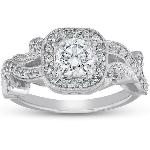 1 Ct Diamond Vintage Cushion Halo Vine Band Engagement Ring 14k White Gold