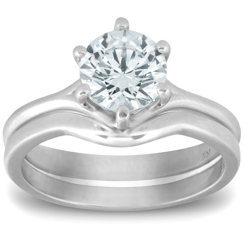 SI/H 1 Ct Diamond Engagement Ring Wedding Plain Band Set 14k White Gold Enhanced