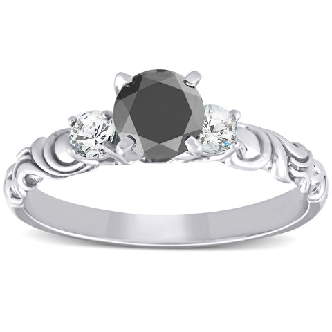 1 1/14 Ct Black Diamond Three Stone Vintage Engagement Ring 14k White Gold