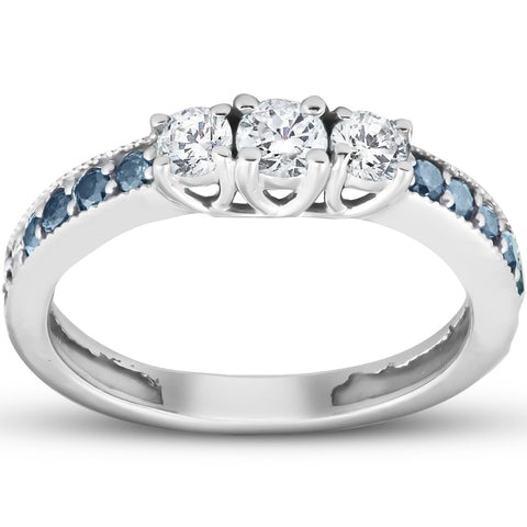 1/2 Ct Blue & White Diamond Three Stone Engagement Anniversary Ring White Gold