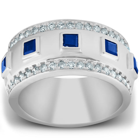 2 1/4 Ct Princess Cut Blue Sapphire & Diamond Wedding Ring 10k White Gold