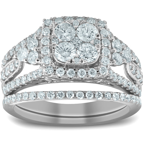 1 1/2 Ct Cushion Halo Round Diamond Engagement Wedding Ring Set 10k White Gold