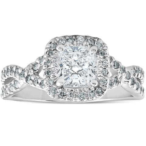 SI/G 1.50Ct Cushion Diamond Halo Twisted Band Engagement Ring 14k Gold Enhanced