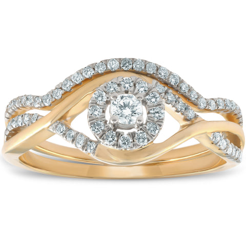 VS 1/2CT Diamond Engagement Wedding Ring Set Halo 10k Yellow Gold Lab Created