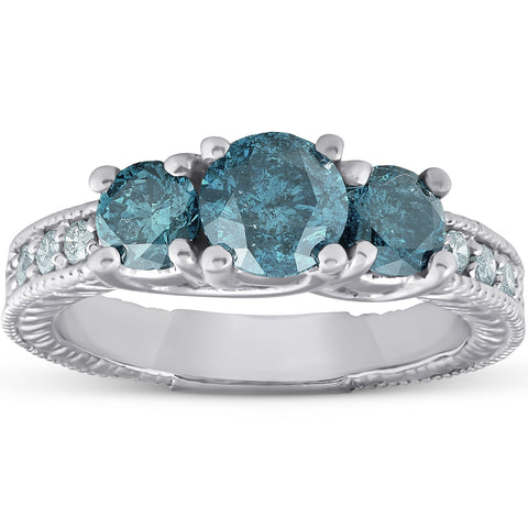1 1/2 Ct Three Stone Vintage Blue Diamond Engagement Ring 14k White Gold Antique