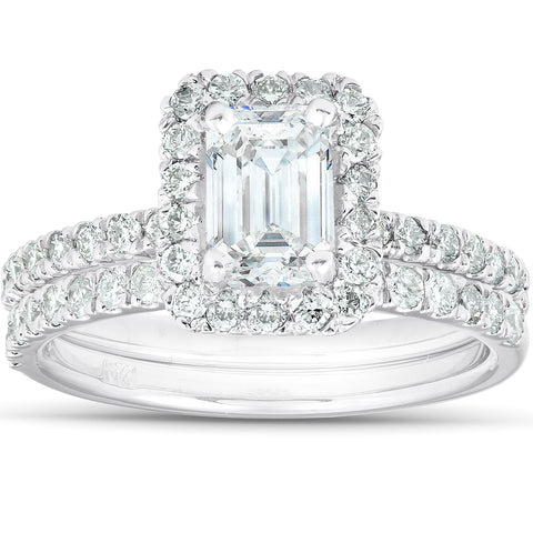 1 3/4Ct Emerald Cut Diamond Halo Engagement Wedding Ring Set White Gold Enhanced