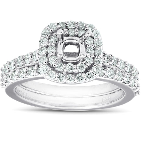 3/4Ct Double Cushion Halo Diamond Engagement Ring Setting Mount 14k White Gold
