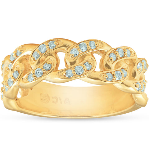 1/2 Ct Mens Heavy Weight Solid Yellow Gold Curb Chain Diamond Ring Wedding Band