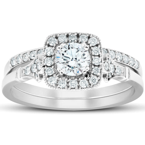 3/4 CT Diamond Cushion Halo Engagement Ring Matching Wedding Band 14k White Gold