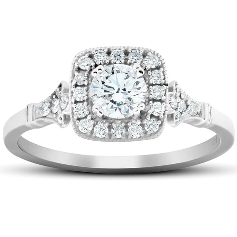 1/2 Ct Cushion Halo Diamond Pave Engagement Ring 14k White Gold