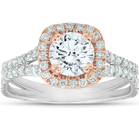 1.60 Ct Diamond Cushion Halo Engagement Ring Two Tone White & Rose Gold Enhanced