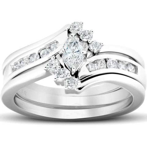 1/2 Ct Marquise Diamond Engagement Trio Wedding Ring Set 10k White Gold