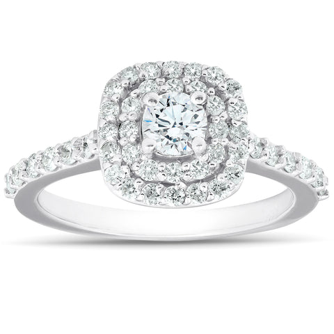 3/4Ct Diamond Cushion Double Halo Engagement Ring 14k White Gold