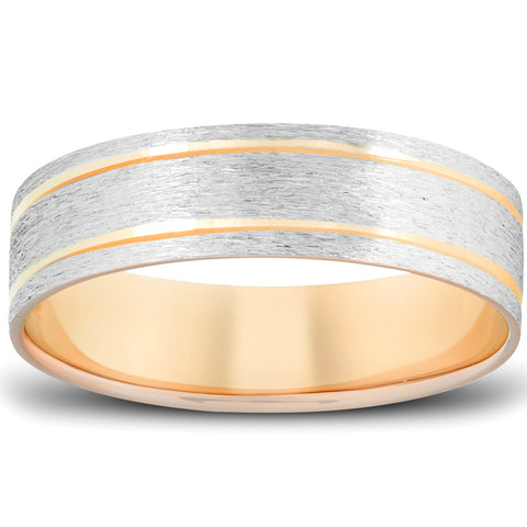 Mens 10k Yellow Gold 6mm Brushed Two Tone Ring Wedding Anniversary Band