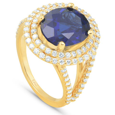 6 1/5 Ct Huge Diamond Oval Blue Sapphire Diamond Double Halo Ring Yellow Gold