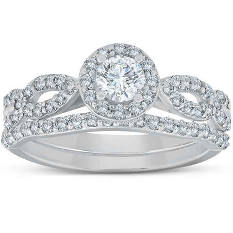 1 Ct TW Halo Lab Grown Round Diamond Engagement Wedding Ring Set 14k White Gold