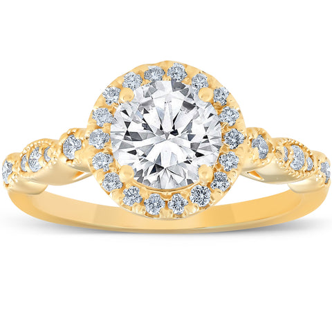 HSI 1 3/4 Ct Diamond Engagement Ring 14k Yellow Gold Halo Enhanced