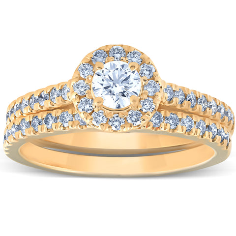 G/SI 1 Ct Diamond Engagement Halo Wedding Ring Set 14k Yellow Gold Lab Grown