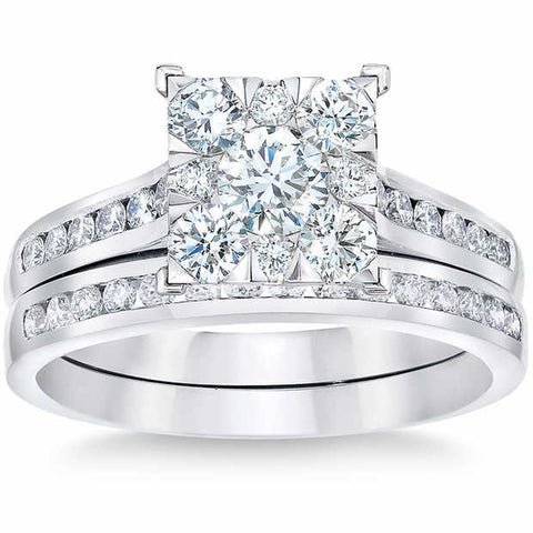 1 3/4 Ct Diamond Princess Cut Framed Engagement Wedding Ring Set 10k White Gold