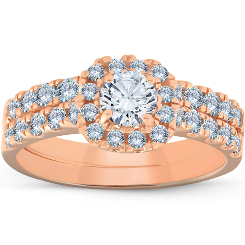 1 1/4 Ct Diamond Cushion Halo Engagement Wedding Ring Set 14k Rose Gold