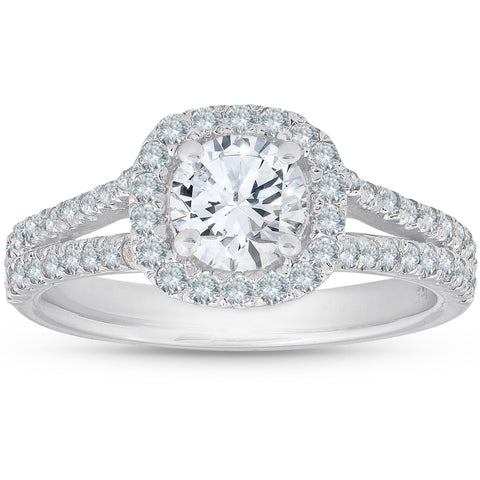 1Ct Diamond Cushion Halo Moissanite Split Shank Engagement Ring 10k White Gold