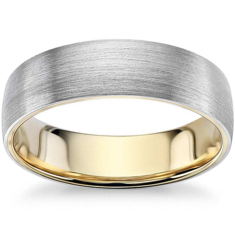 Mens 10k White and Yellow Gold Two Tone Brushed Wedding Band 5mm