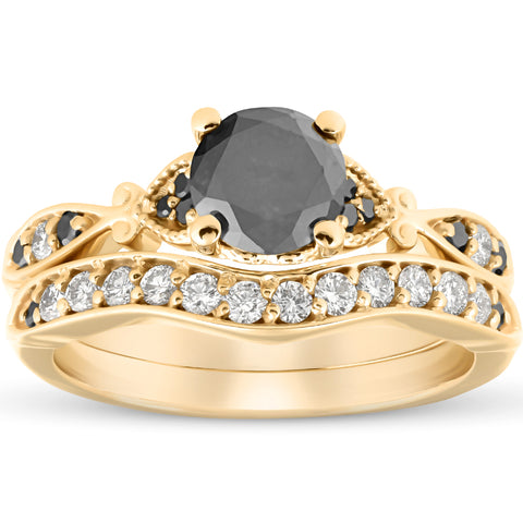 1 3/4 Ct Black & White Round Diamond Engagement Wedding Ring Set 10k Yellow Gold