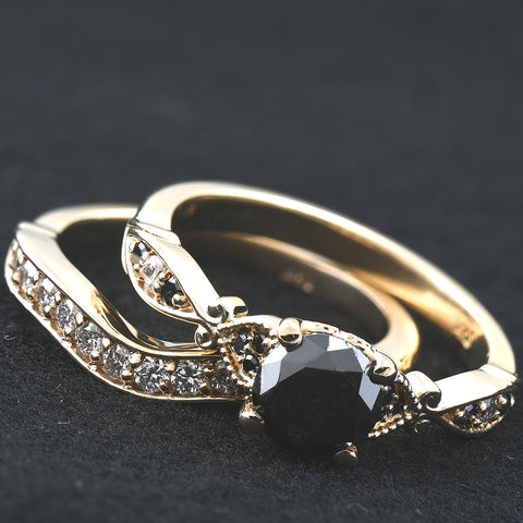 1 3/4 Ct Black & White Round Diamond Engagement Wedding Ring Set 10k Yellow Gold