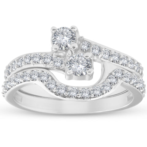 1 1/2Ct Real Diamond Engagement Wedding Two Stone Forever Us Ring Set White Gold